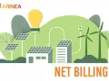 Ilustracja przedstawia panele słoneczne, turbiny wiatrowe i żarówkę, symbolizujące odnawialne źródła energii. Tekst "NET BILLING" sugeruje nowe rozliczenie fotowoltaiki.
