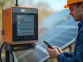 Technik w kasku sprawdza dane na ekranie urządzenia SOFAR, korzystając z telefonu. System monitoruje panele słoneczne, zapewniając stabilne połączenie so far wifi.