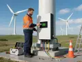 Technik przyłącza inwerter **goodwe gw8k-et** do turbiny wiatrowej. Narzędzia i drabina w pobliżu.