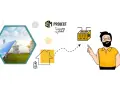 SM Project: podłączenie fotowoltaiki do domu z magazynem energii. Ilustracja pokazuje panele słoneczne, budynki, dom, baterię i mężczyznę.
