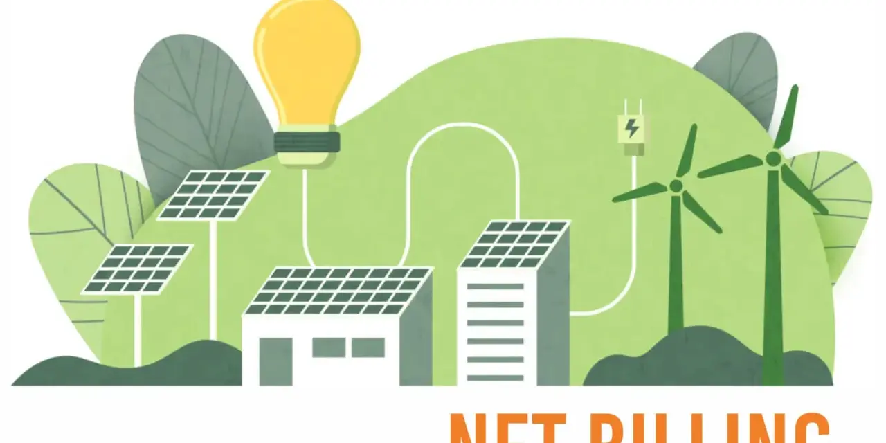 Ilustracja przedstawia panele słoneczne, turbiny wiatrowe i żarówkę, symbolizujące odnawialne źródła energii. Tekst "NET BILLING" sugeruje nowe rozliczenie fotowoltaiki.