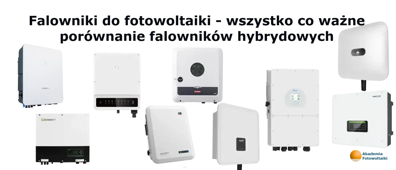 Różnorodne falowniki fotowoltaiczne, w tym model Huawei 50 kW, prezentowane do porównania.