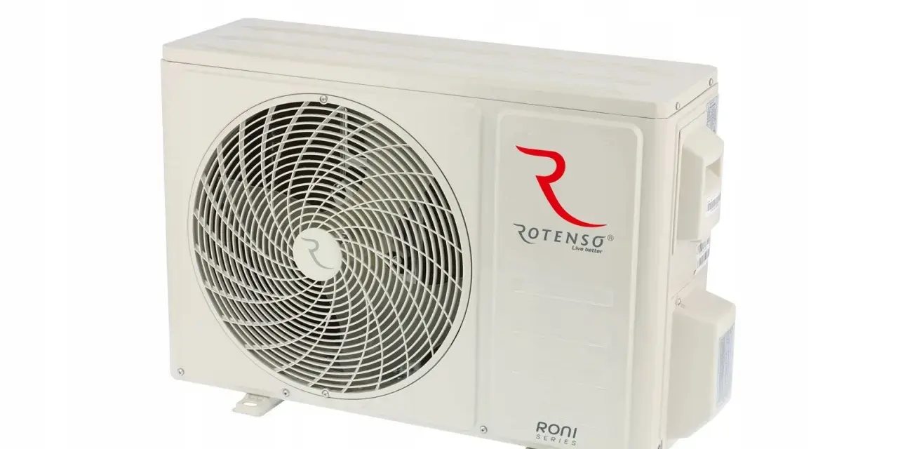 Klimatyzator Rotenso Roni 5kW, jednostka zewnętrzna w kolorze kremowym, z logo Rotenso i oznaczeniem Roni Series.