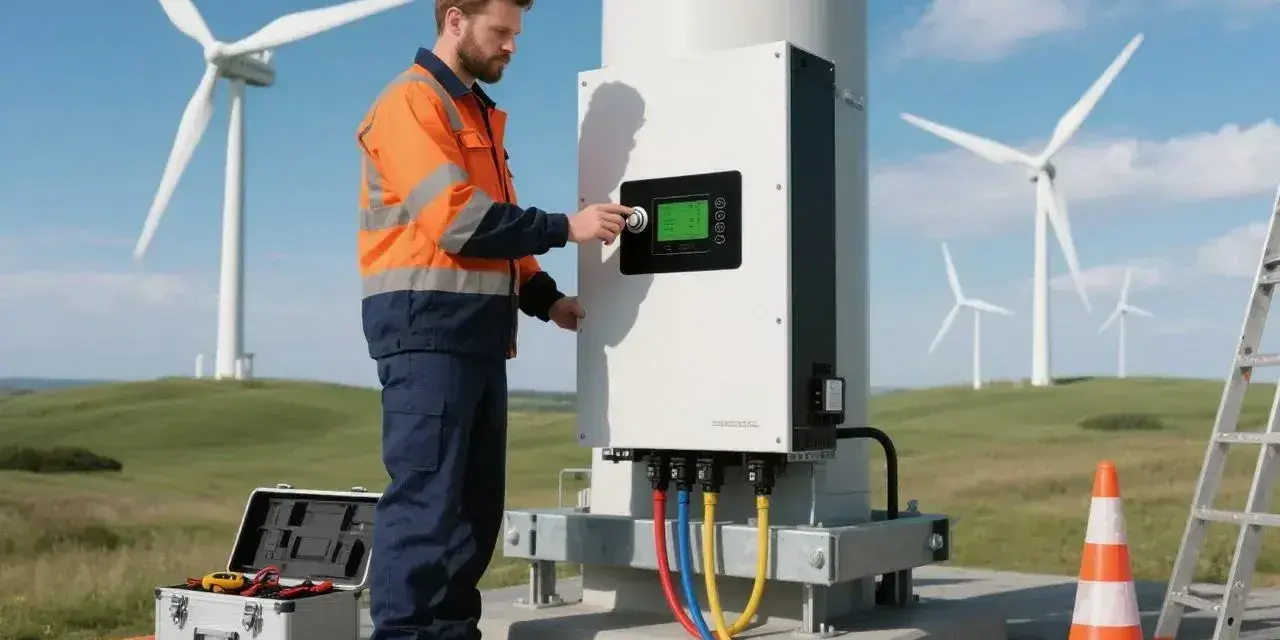 Technik przyłącza inwerter **goodwe gw8k-et** do turbiny wiatrowej. Narzędzia i drabina w pobliżu.
