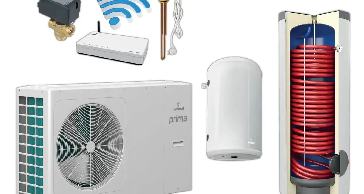 System ogrzewania z pompą ciepła Galmet Prima, bojlerem, grzałką i sterowaniem Wi-Fi.