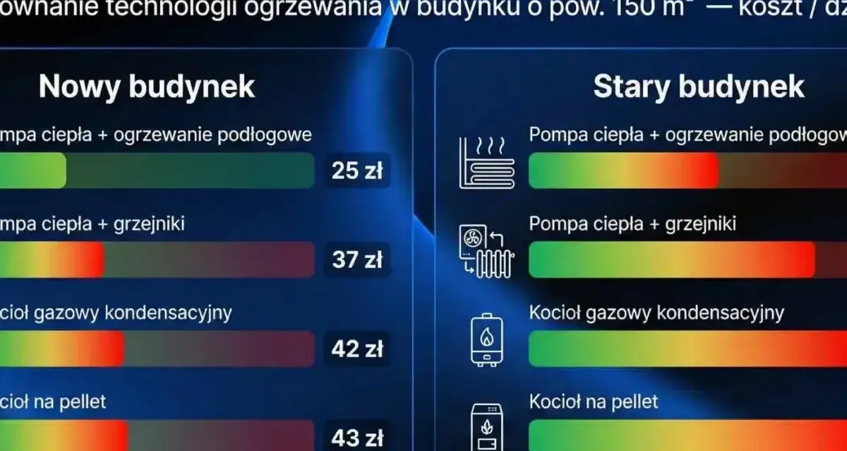 Porównanie kosztów ogrzewania: pompa ciepła vs. gaz. W nowym budynku pompa ciepła z podłogówką kosztuje 25 zł/dzień, a gaz 42 zł.