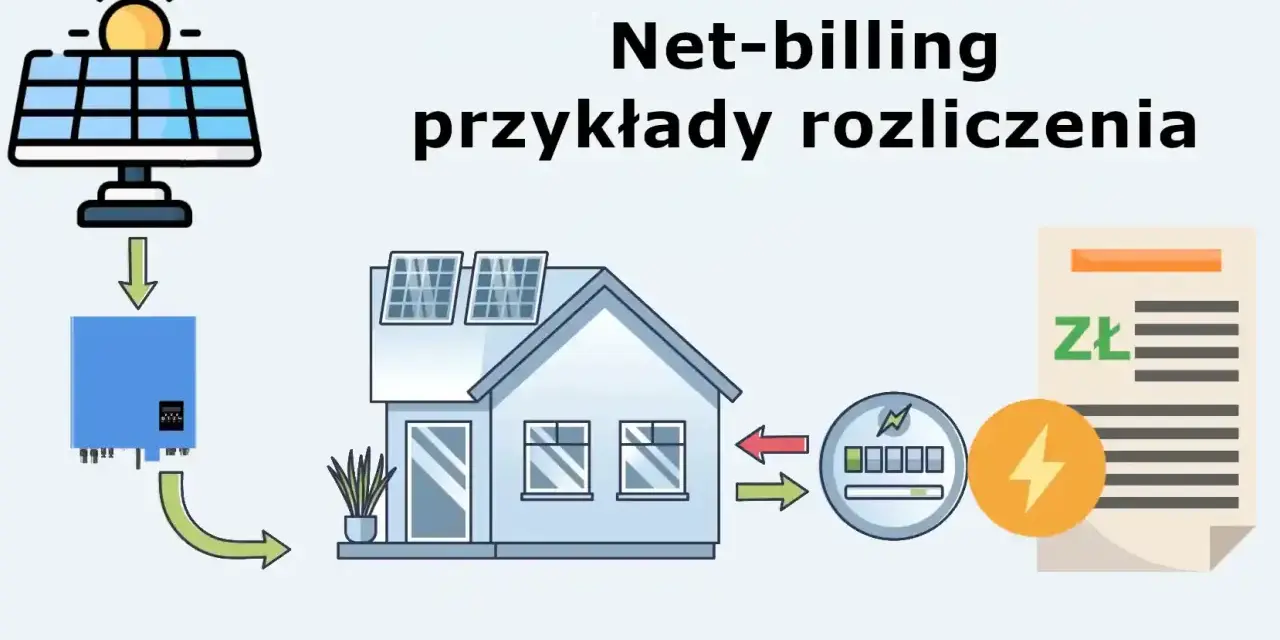 Schemat ilustruje net-billing: panele słoneczne na dachu domu, falownik, licznik energii i rachunek ze znakiem złotówki.