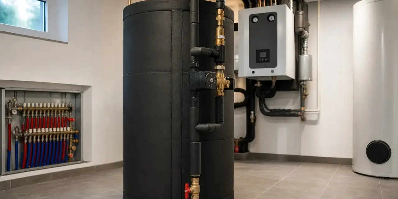 Czarny, izolowany bufor do pompy ciepła 12 kW, podłączony do instalacji grzewczej. Obok widoczny biały zasobnik i sterownik.