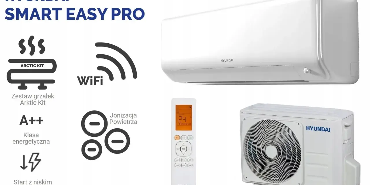 Klimatyzator Hyundai Smart Easy Pro: biała jednostka wewnętrzna i zewnętrzna, pilot, WiFi, jonizacja, klasa A++, Arctic Kit.