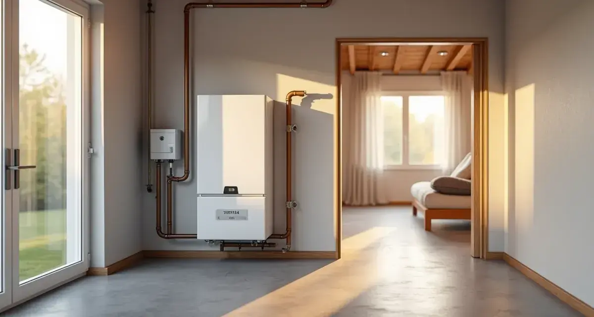 Nowoczesny piec gazowy 24kW, idealny do ogrzania domu o powierzchni do 240m². W nowoczesnym wnętrzu z widokiem na pokój dzienny.