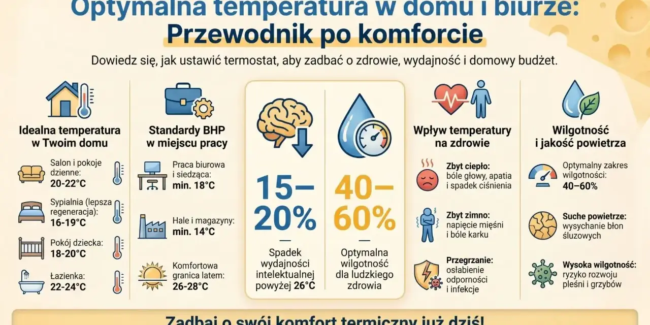 Jaka temperatura w domu jest optymalna? Poradnik pokazuje idealne zakresy dla salonu (20-22°C), sypialni (16-19°C) i łazienki (22-24°C).