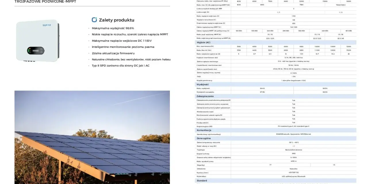 Trójfazowy falownik SOFAR 3.3K-12KTLX-G3 z podwójnym MPPT, idealny do instalacji fotowoltaicznych.
