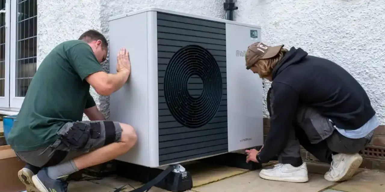 Dwóch mężczyzn instaluje pompę ciepła Bosch 9kW. Urządzenie jest nowoczesne i energooszczędne.