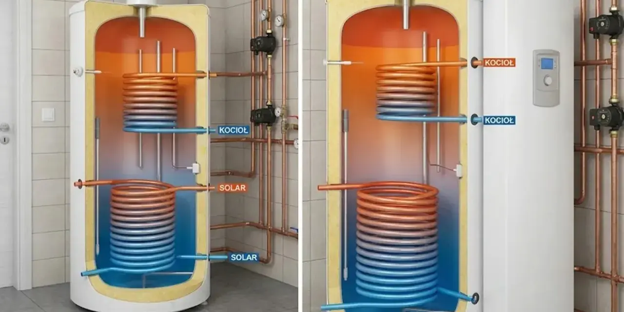 Zasobnik c.w.u. 300l z dwiema wężownicami: jedna od kotła, druga od paneli solarnych.