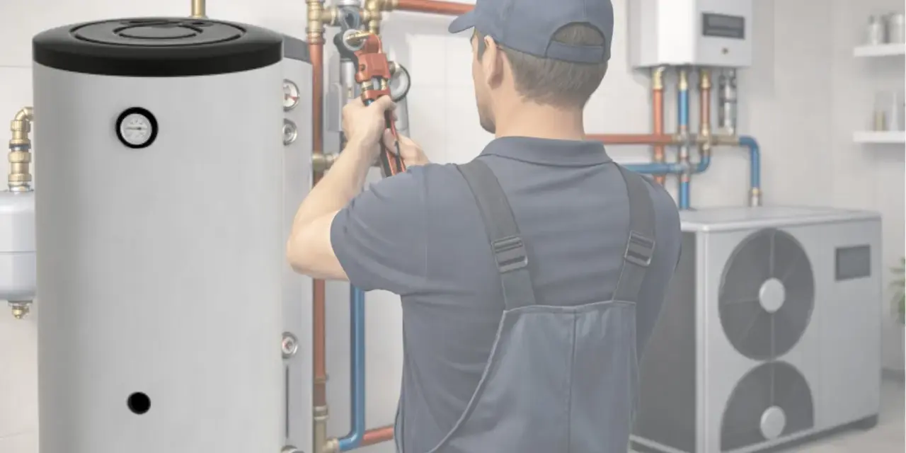 Instalator pracuje przy dużym, pionowym wymienniku CWU 200l. W tle widać pompę ciepła i inne elementy instalacji.