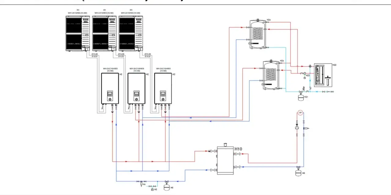 Schemat hydrauliczny podłączenia pompy ciepła Panasonic z jednostkami WH-UX16HE8 i WH-SXC16H9E8, zbiornikami H24 i H10.