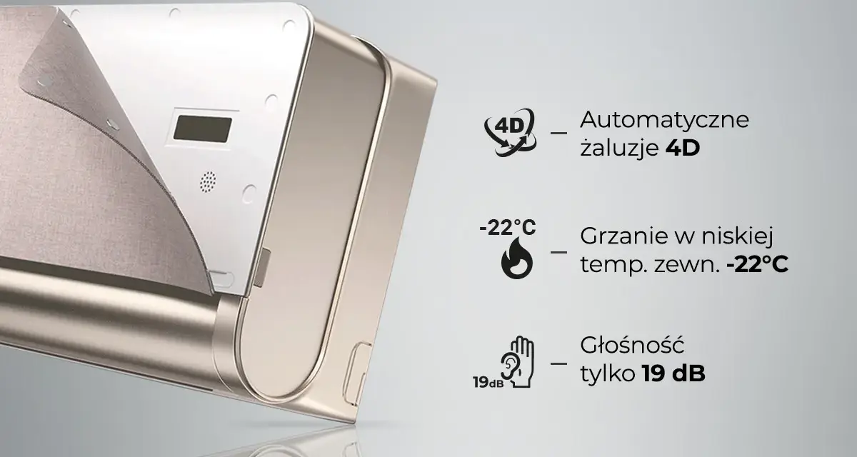 Klimatyzator Rotenso Split z automatycznymi żaluzjami 4D, grzaniem do -22°C i cichą pracą 19 dB.