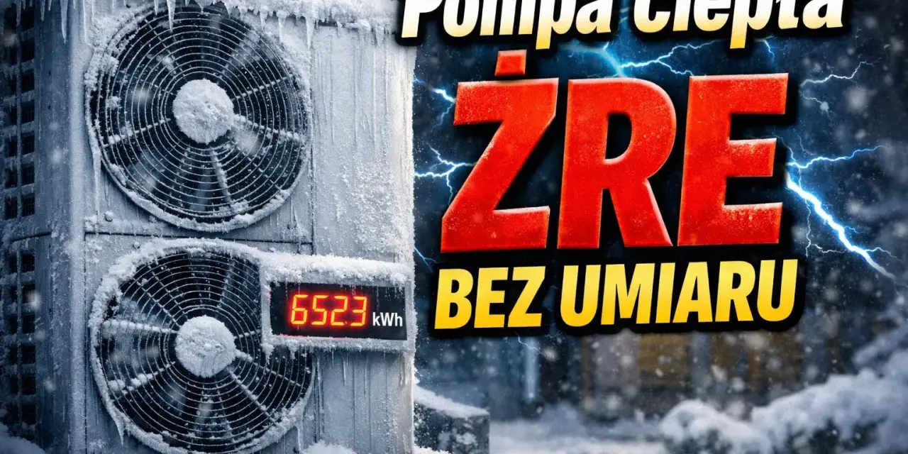 Monoblok 5kW pokryty lodem i śniegiem, z widocznym licznikiem kWh. Pompa ciepła "żre" bez umiaru zimą.