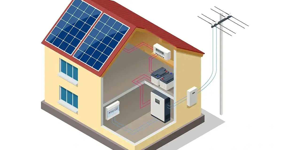 Schemat domu z panelami fotowoltaicznymi na dachu, akumulatorami i inwerterem w środku. System zapewnia energię, jak pompa ciepła.