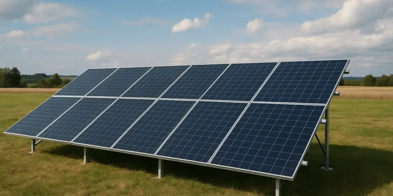 Rząd paneli słonecznych na łące, gotowych do produkcji energii. Zastanawiasz się, ile prądu wytwarza panel słoneczny?