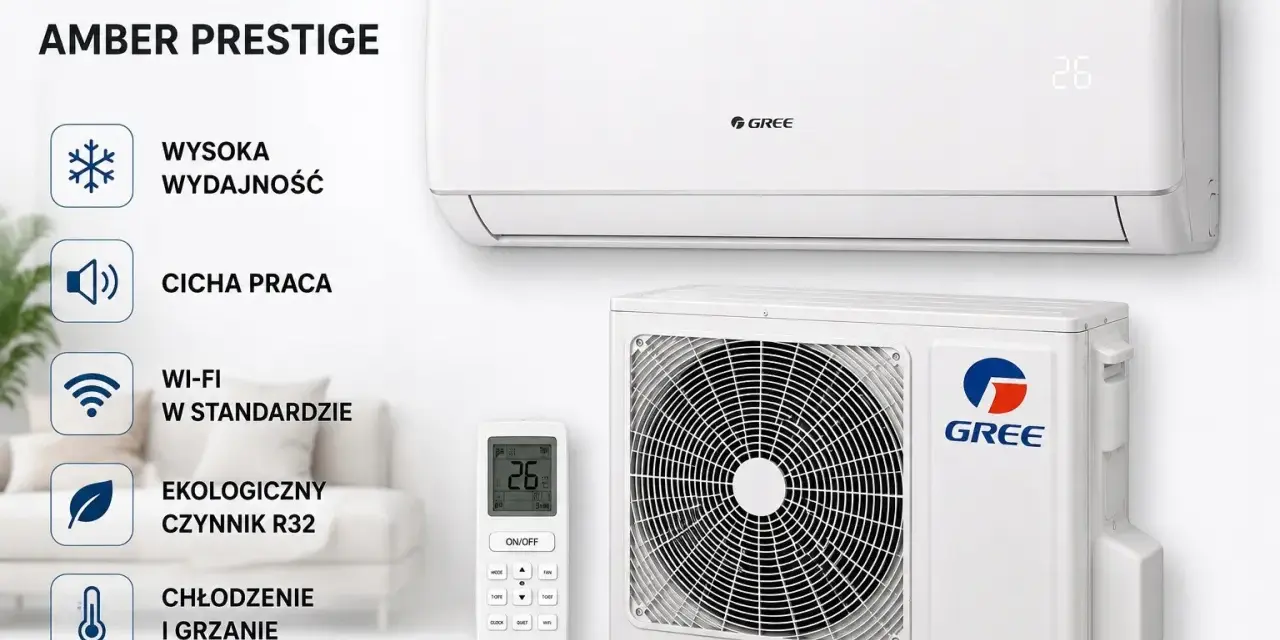 Klimatyzator GREE Amber Prestige 3.5 kW: wysoka wydajność, cicha praca, Wi-Fi, ekologiczny czynnik R32, chłodzenie i grzanie.
