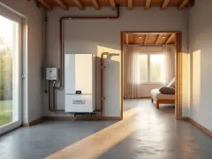 Nowoczesny piec gazowy 24kW, idealny do ogrzania domu o powierzchni do 240m². W nowoczesnym wnętrzu z widokiem na pokój dzienny.