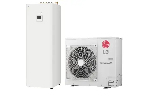Biała pompa ciepła LG Therma V 7kW składa się z jednostki wewnętrznej i zewnętrznej.