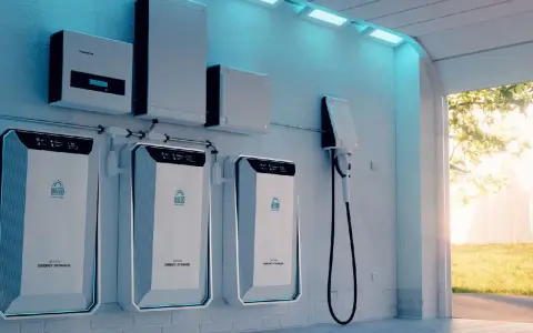 Nowoczesny magazyn energii, idealny do ulgi termomodernizacyjnej. Trzy baterie i falownik wiszą na ścianie, gotowe do gromadzenia mocy.