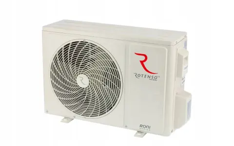 Klimatyzator Rotenso Roni 5kW, jednostka zewnętrzna w kolorze kremowym, z logo Rotenso i oznaczeniem Roni Series.