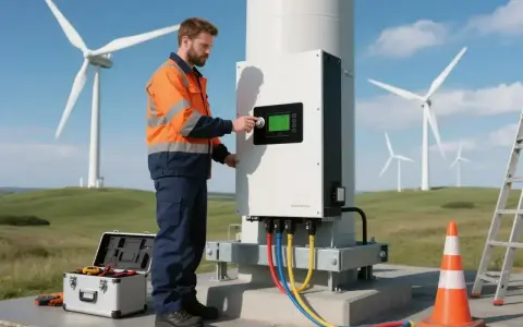 Technik przyłącza inwerter **goodwe gw8k-et** do turbiny wiatrowej. Narzędzia i drabina w pobliżu.