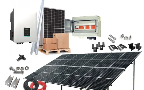 Zestaw do instalacji fotowoltaicznej: panele, inwerter, skrzynka z zabezpieczeniami, kable i elementy montażowe. Sprawdź panele fotowoltaiczne 5 kw cena.