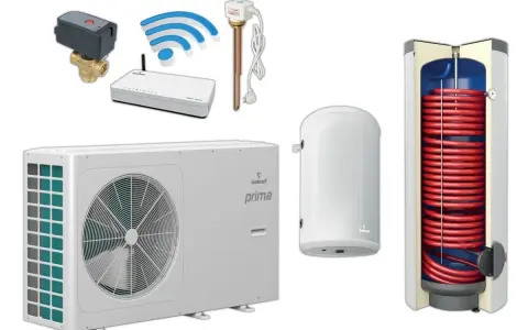 System ogrzewania z pompą ciepła Galmet Prima, bojlerem, grzałką i sterowaniem Wi-Fi.