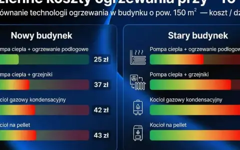Porównanie kosztów ogrzewania: pompa ciepła vs. gaz. W nowym budynku pompa ciepła z podłogówką kosztuje 25 zł/dzień, a gaz 42 zł.