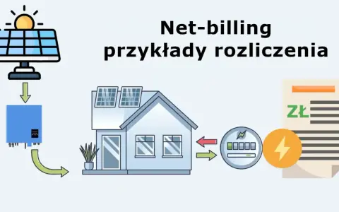 Schemat ilustruje net-billing: panele słoneczne na dachu domu, falownik, licznik energii i rachunek ze znakiem złotówki.