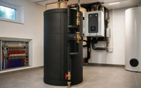 Czarny, izolowany bufor do pompy ciepła 12 kW, podłączony do instalacji grzewczej. Obok widoczny biały zasobnik i sterownik.