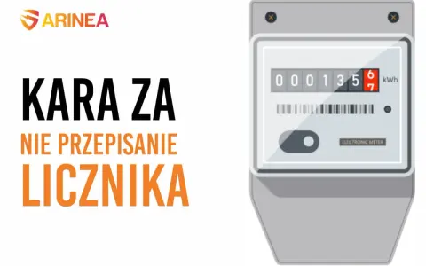 KARA ZA NIE PRZEPISANIE LICZNIKA. Zbliżenie na licznik energii elektrycznej i tekst ostrzegawczy.