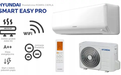 Klimatyzator Hyundai Smart Easy Pro: biała jednostka wewnętrzna i zewnętrzna, pilot, WiFi, jonizacja, klasa A++, Arctic Kit.