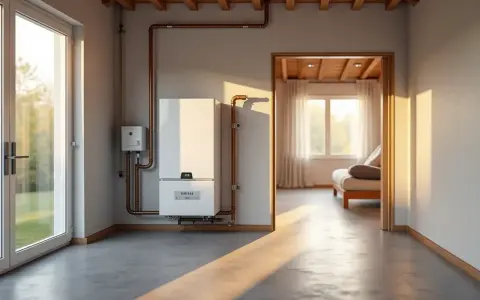 Nowoczesny piec gazowy 24kW, idealny do ogrzania domu o powierzchni do 240m². W nowoczesnym wnętrzu z widokiem na pokój dzienny.