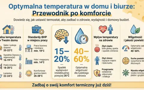 Jaka temperatura w domu jest optymalna? Poradnik pokazuje idealne zakresy dla salonu (20-22°C), sypialni (16-19°C) i łazienki (22-24°C).