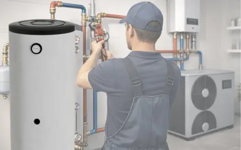 Instalator pracuje przy dużym, pionowym wymienniku CWU 200l. W tle widać pompę ciepła i inne elementy instalacji.