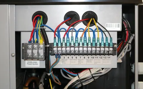 Wiązki przewodów podłączone do listwy zaciskowej, prawdopodobnie moduł wifi do pompy ciepła Panasonic. Widoczne oznaczenia funkcji.