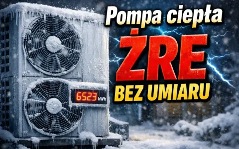 Monoblok 5kW pokryty lodem i śniegiem, z widocznym licznikiem kWh. Pompa ciepła "żre" bez umiaru zimą.