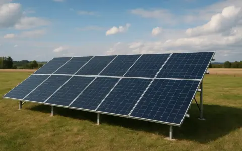Rząd paneli słonecznych na łące, gotowych do produkcji energii. Zastanawiasz się, ile prądu wytwarza panel słoneczny?
