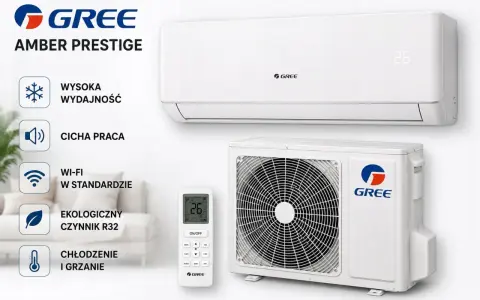 Klimatyzator GREE Amber Prestige 3.5 kW: wysoka wydajność, cicha praca, Wi-Fi, ekologiczny czynnik R32, chłodzenie i grzanie.