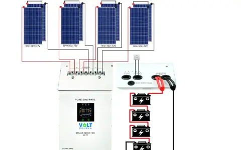 Schemat instalacji fotowoltaicznej: cztery panele słoneczne 12v połączone szeregowo, regulator ładowania, falownik i cztery akumulatory.