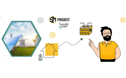 SM Project: podłączenie fotowoltaiki do domu z magazynem energii. Ilustracja pokazuje panele słoneczne, budynki, dom, baterię i mężczyznę.
