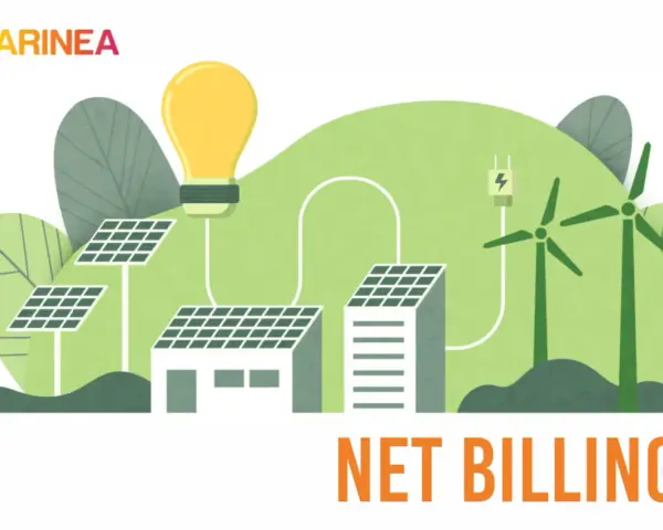 Ilustracja przedstawia panele słoneczne, turbiny wiatrowe i żarówkę, symbolizujące odnawialne źródła energii. Tekst "NET BILLING" sugeruje nowe rozliczenie fotowoltaiki.