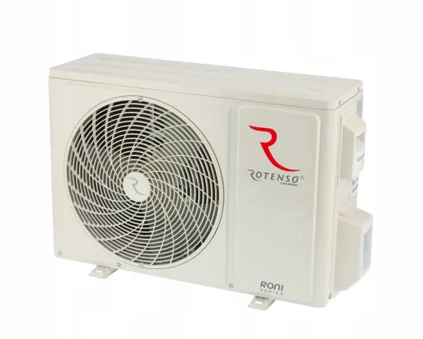 Klimatyzator Rotenso Roni 5kW, jednostka zewnętrzna w kolorze kremowym, z logo Rotenso i oznaczeniem Roni Series.