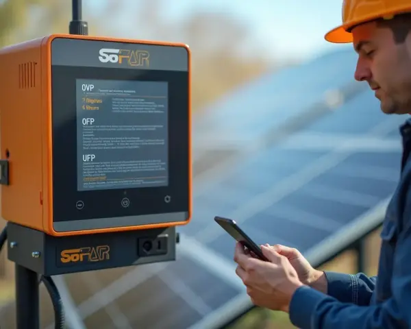 Technik w kasku sprawdza dane na ekranie urządzenia SOFAR, korzystając z telefonu. System monitoruje panele słoneczne, zapewniając stabilne połączenie so far wifi.
