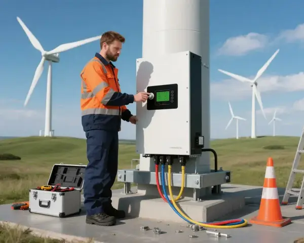Technik przyłącza inwerter **goodwe gw8k-et** do turbiny wiatrowej. Narzędzia i drabina w pobliżu.